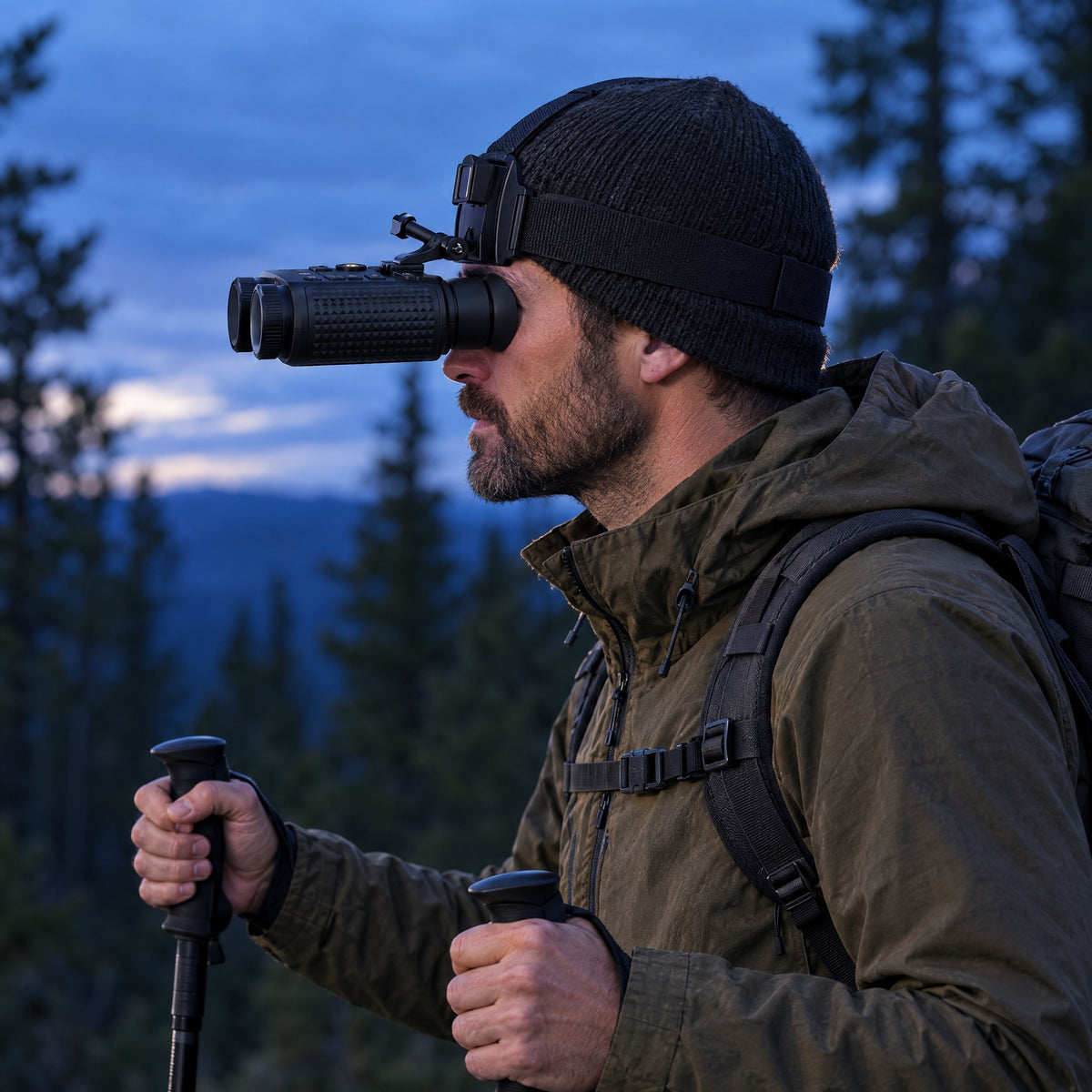 Hiker using Intenzy V6 PRO hands-free on the included head strap, both hands on trekking poles