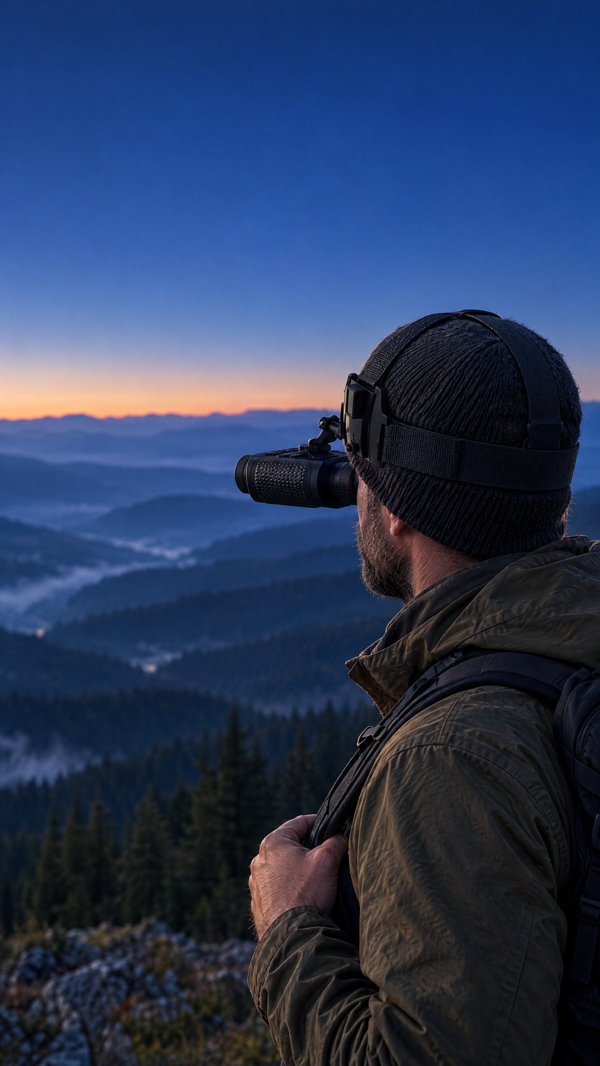 Hunter on a ridge at dusk wearing Intenzy V6 PRO night vision binoculars on a head strap