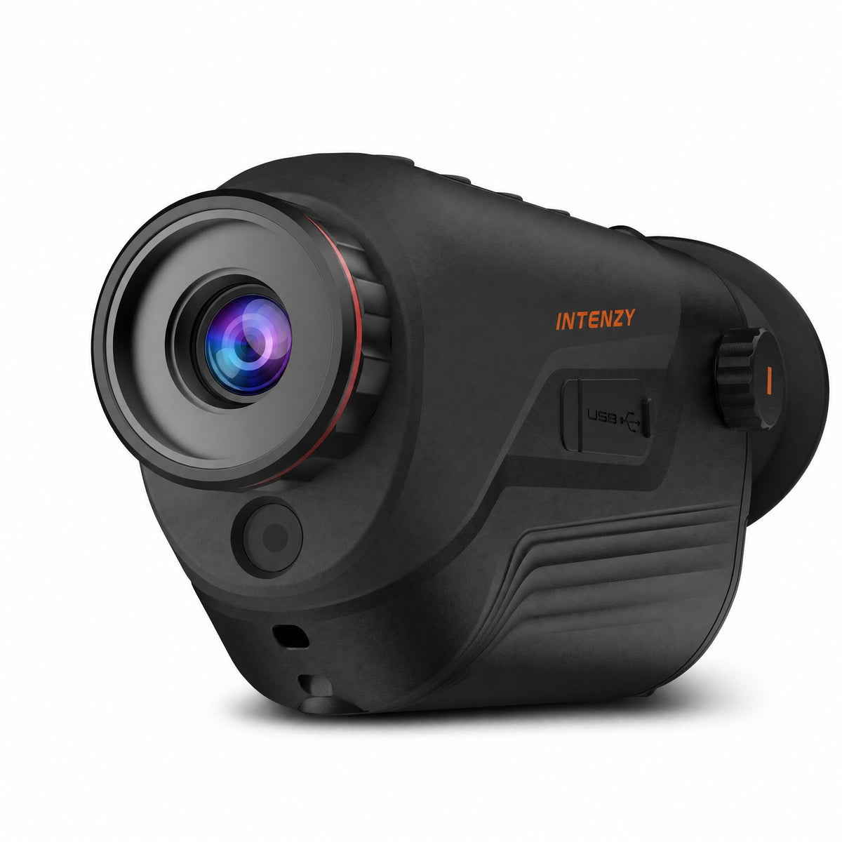 Intenzy G325 thermal monocular, three-quarter view showing coated objective lens