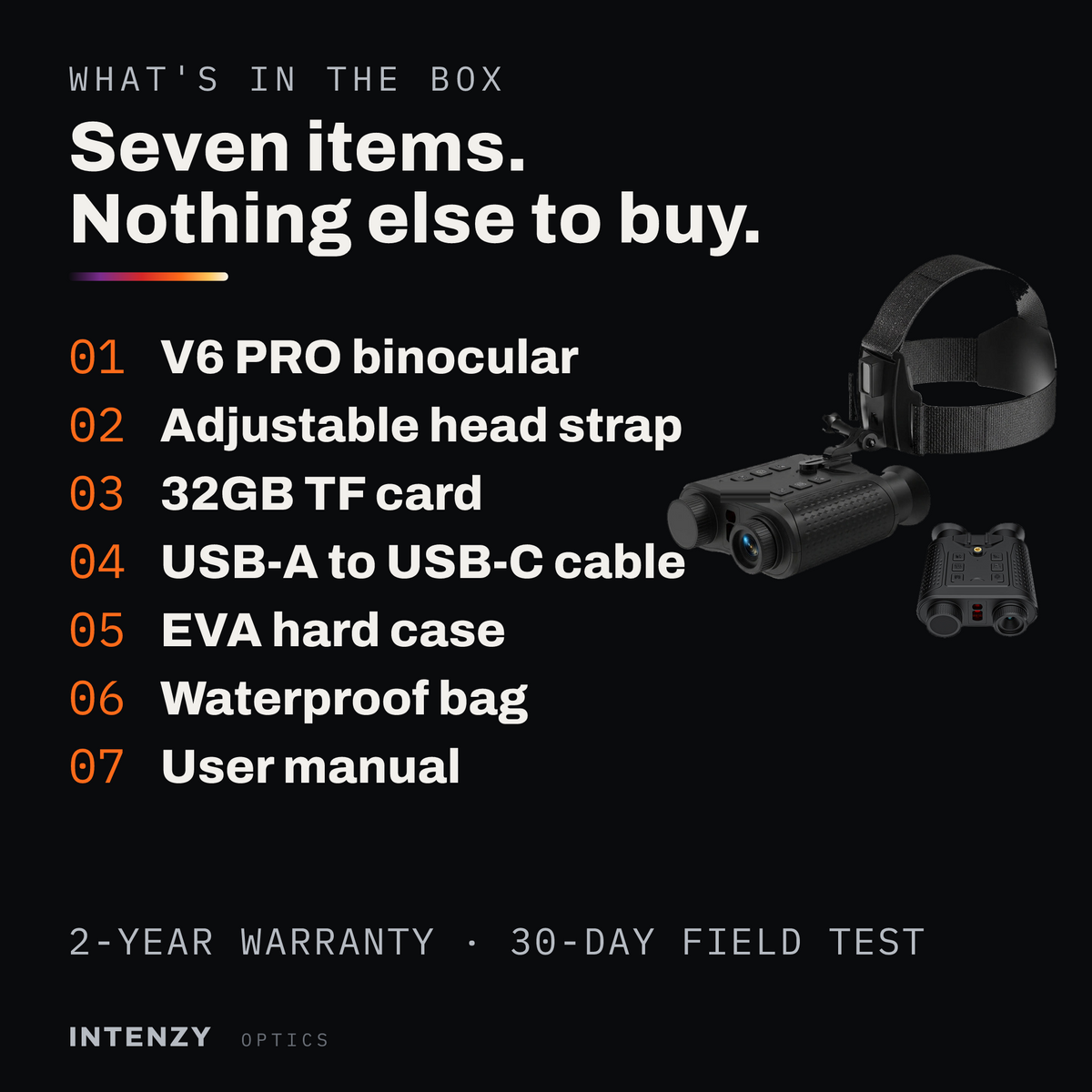 Seven items in the box — V6 PRO, head strap, 32GB card, cable, hard case, waterproof bag, manual