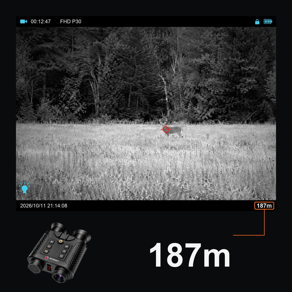 Intenzy V6 PRO night vision binoculars display showing a deer at night with the built-in rangefinder reading 187 m
